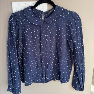 Peter Pan collar Zara Navy Blouse with withe birds print